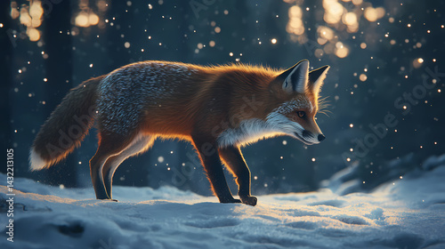 Red fox vulpes vulpes phylum chordata class mammalia order carnivora family canidae walking through snowcovered forest under faint starlight its fur glowing softly. Starlight Fang. Illustration