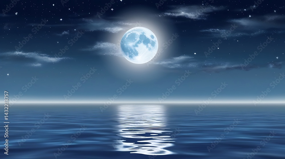 Serene ocean under a luminous full moon and starlit sky with peaceful water reflections and moody clouds in a quiet, dreamy night horizon scene
Serene ocean under a luminous full moon and starlit sky with peaceful water reflections and moody clouds in a quiet, dreamy night horizon scene