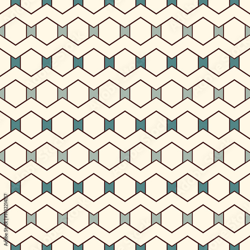 Zigzag seamless pattern. Hexagon mosaic tiles ornament. Ethnic surface print. Repeated geometric figures background. Ornamental wallpaper. Modern geo design digital paper. Vector abstract art