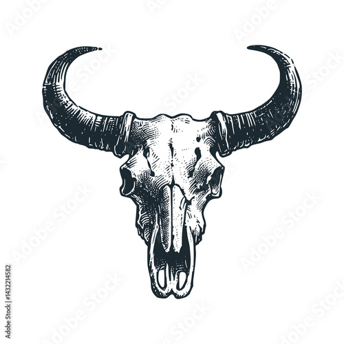Black White Vector Illustration of a Texas Longhorn Skull: A Vintage Engraved