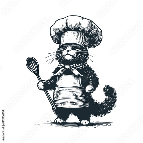 Black White Vector Illustration of a Cat Wearing Chef Outfit and Hat Holding a Ladle: A Vintage Engraved
