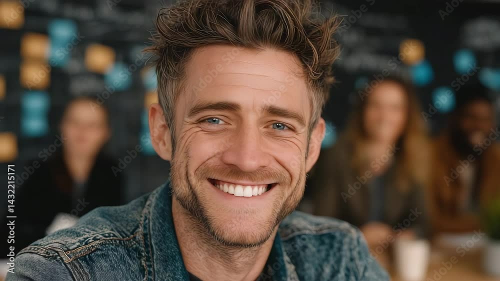 Portrait of a smiling man with a warm man character, around 40 years old. Video Footage 4k