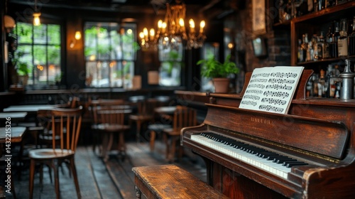 Vintage Piano in Dark, Cozy Pub Setting