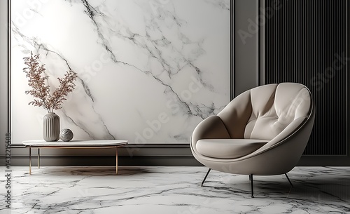 Modern Living Room Mockup – Stylish Beige Chair, Marble Wall, Minimalist Coffee Table, and Decorative Vase with Dried Flowers for Interior Design and Branding

