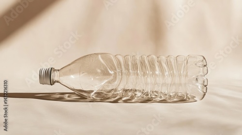 Empty plastic water bottle on beige backdrop