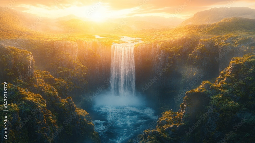 Fototapeta premium Majestic waterfall cascading down a canyon at golden hour. Lush greenery, dramatic cliffs, and a vibrant sunset