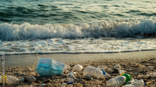 Coastal Pollution Disposable Masks and Plastic Waste