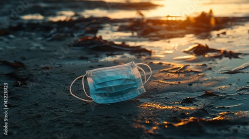 Discarded mask on polluted beach at sunset