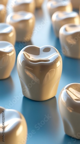 High-resolution 3D render of multiple realistic human teeth on a glossy surface, symbolizing dental care, oral health, hygiene, and professional dentistry concepts

