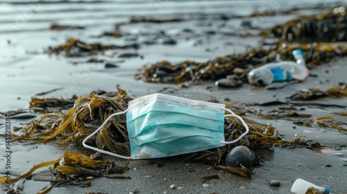 Polluted beach; discarded mask and trash