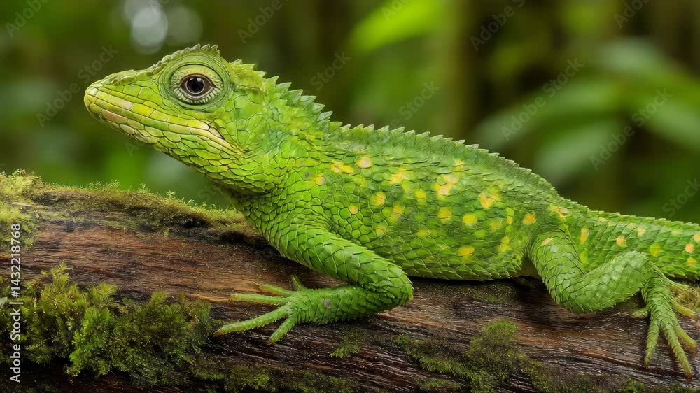 Vibrant green lizard resting on mossy branch with intricate scale pattern in its natural environment. Vibrant green lizard resting on mossy branch with intricate scale pattern in its natural environment.