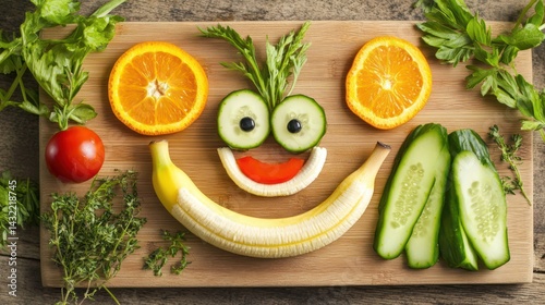 Fruit & Veggie Face on Wooden Board