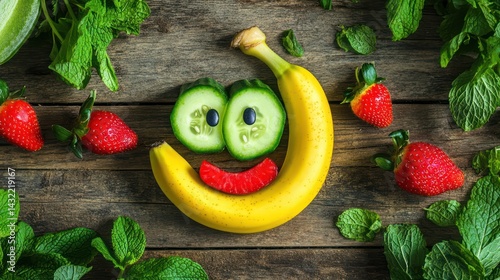 Funny fruit face, healthy snack, wooden table, fresh ingredients