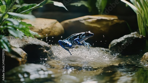 Blue Poison Dart Frog Leaps Over Stream in Rainforest Exhibit