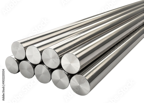 Stainless steel round bars close up on black background
