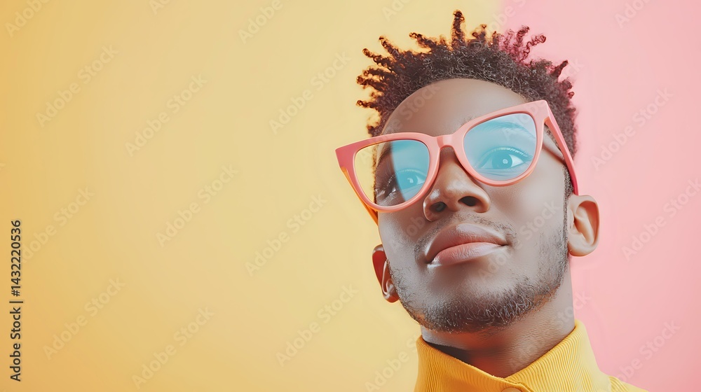 Young African American man wearing pink glasses smiling confidently against colorful gradient background. Modern fashion portrait with vibrant yellow and pink tones for lifestyle advertising. Young African American man wearing pink glasses smiling confidently against colorful gradient background. Modern fashion portrait with vibrant yellow and pink tones for lifestyle advertising.