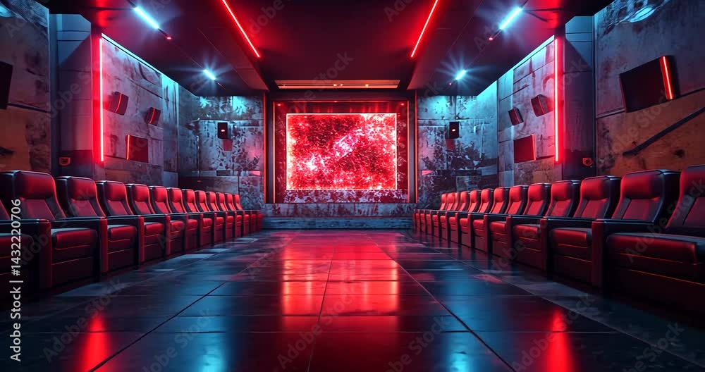 Modern cinema hall featuring red neon lights, sleek seating, and a digital art display