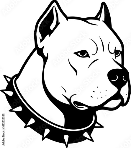 Tribal-style pitbull head with spiked collar in bold black lines on white background