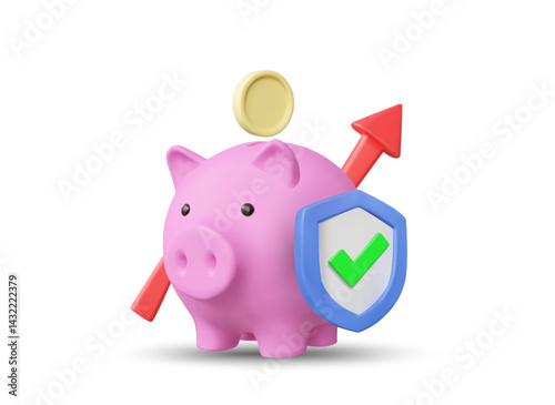 3D illustration vector render icon of piggy bank, coins, up arrow, shield with check mark isolated on white. Concept of savings growth, financial security, investment success, wealth management.