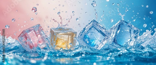Ice Cubes Drop into Water and Splashing.