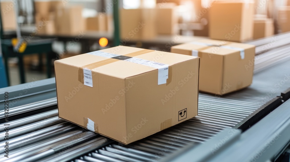 Neatly labeled cardboard boxes moving along an automated sorting conveyor system Neatly labeled cardboard boxes moving along an automated sorting conveyor system