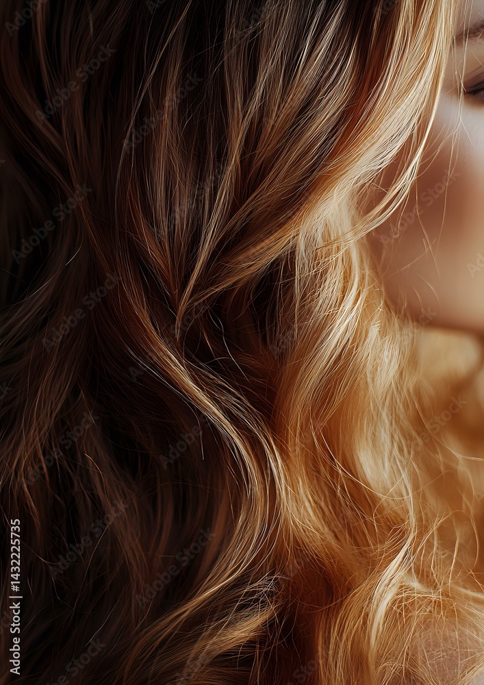 Naklejka premium Close-up of wavy brown and blonde highlighted hair with sunlit glow creating soft texture and dimension, showing modern balayage coloring technique.
