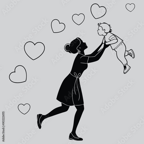 Mom surrounded by hearts image silhouette design vector art and illustration	