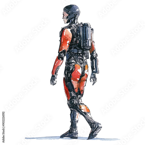 illustration of Futuristic Human With A Robotic Exoskeleton, watercolor vector, isolated on a white background.
