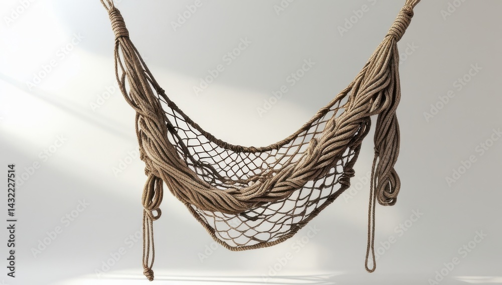 Fototapeta premium Rustic Beige Rope Hammock Hanging Against a White Wall