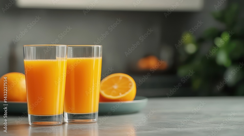 Refreshing Glasses of Orange Juice on a Stylish Table with Fresh Oranges in the Background Refreshing Glasses of Orange Juice on a Stylish Table with Fresh Oranges in the Background