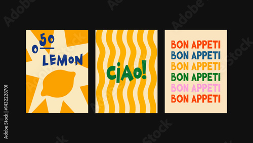 A trio of wall posters in cartoon, Matisse style. Graphic compositions with food and text — a great fit for kitchens, cafés, restaurants, and outdoor exhibitions. Includes- Lemon, Ciao, Bon Appeti