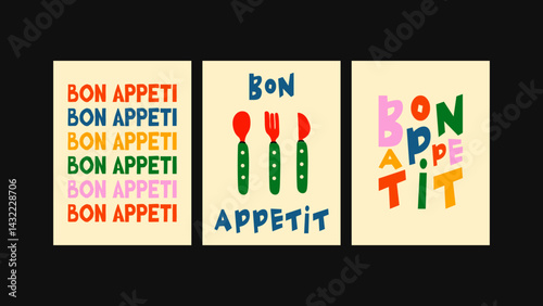 3-poster combo in groovy, Matisse style. Bold and colorful visuals that suit homes, dining spaces, restaurants, or outdoor art events. Prints included- Bon Appeti slogans