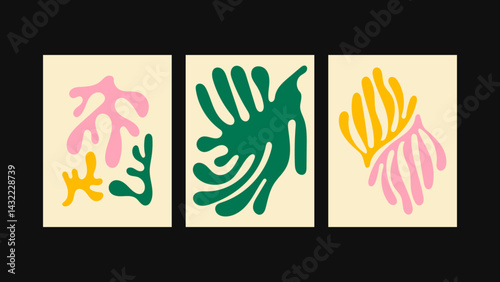 Set of 3 psychedelic art posters in 90s retro, groove style. Eye-catching abstract waves and floral patterns for modern kitchens, hip cafés, restaurants, or street displays. 