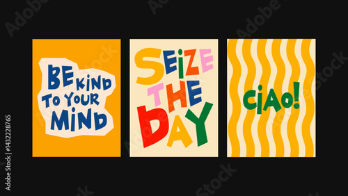 Set of three artworks in cartoon, Matisse style. Food illustration series for kitchens, restaurants, cafés and creative street displays. Includes- Ciao, Be Kind, Seize The Day