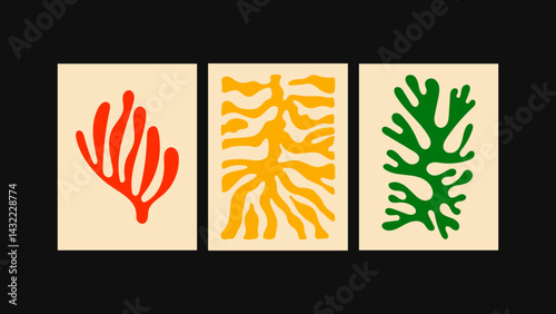 Trio of 90s-inspired psychedelic posters with funky groove style. Abstract art meets bright florals in a retro explosion of colors, ideal for kitchens, restaurants, and cafés. Posters
