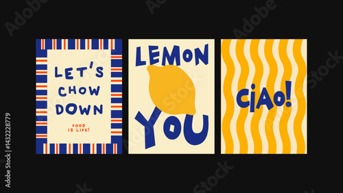Poster pack of 3 in Matisse, groovy style. Visuals designed for kitchen interiors, food cafés, restaurants and art setups. Posters- Chow, Lemon, Ciao