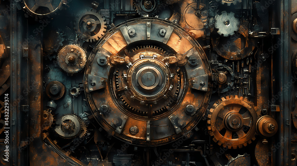 Detailed steampunk inspired mechanical gears cogs and antique brass structures framing a parchment textured central background this intricate. Clocktower Forge. Illustration Detailed steampunk inspired mechanical gears cogs and antique brass structures framing a parchment textured central background this intricate. Clocktower Forge. Illustration