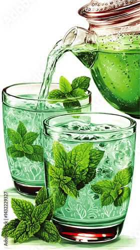 Refreshing Mint Iced Tea in Glasses with Fresh Leaf Garnish, Hand-Drawn Vector Illustration, Summer Drink Concept, Green Herbal Beverage