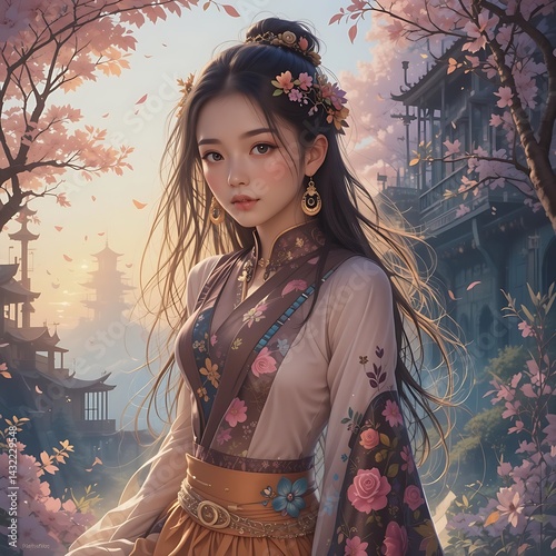 환타지 SF 게임 캐릭터 꽃 공간 나무 배경 헤어스타일 여신 여인 여성 우먼 glam flowers game ai hero 주인공 여자사람 꽃장식 circle elf 눈동자 엘프 귀걸이 uniform 여자 사람 동양인