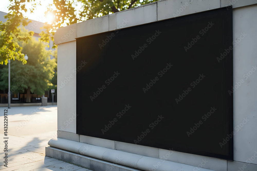 Fototapeta premium Close up of empty black poster on concrete building. Trees and sunlight in the background. Mock up