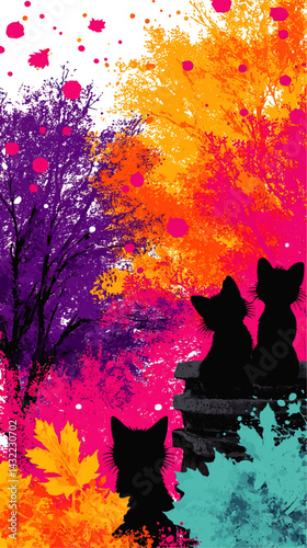 Vibrant Autumn Watercolor Forest with Cat Silhouettes, Colorful Leaves, and Artistic Splatter Background Illustration