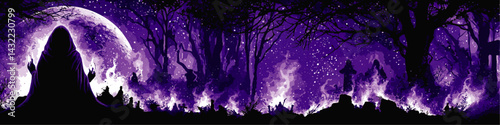 Mysterious Hooded Figure Silhouette in Enchanted Purple Forest Under Full Moon, Spooky Night Fantasy Art Background