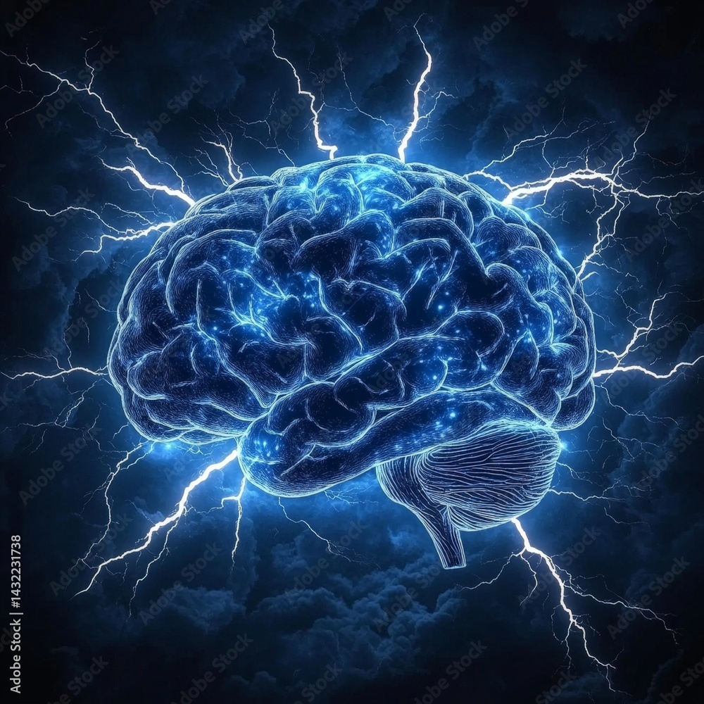 Brain with Electric Sparks, Signifying Neurological Activity and Thought Brain with Electric Sparks, Signifying Neurological Activity and Thought