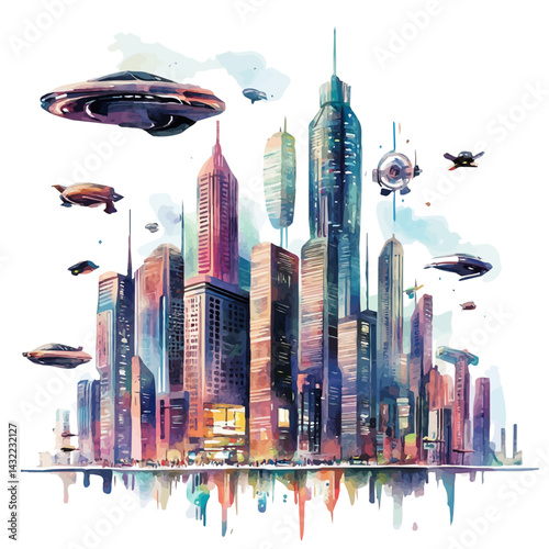 Futuristic City With Flying Cars, watercolor vector, isolated on a white background.