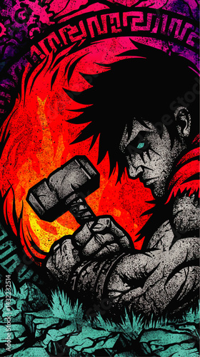Powerful Anime Warrior with Hammer, Fire Background, Grunge Artistic Style – Vibrant Comic Book Art for Posters and Merchandise