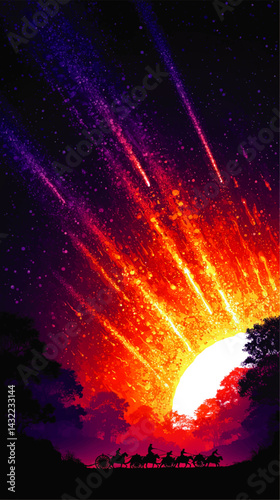 Vibrant Fantasy Landscape Illustration with Horse-Drawn Chariot Silhouette and Fiery Meteor Showers at Sunset
