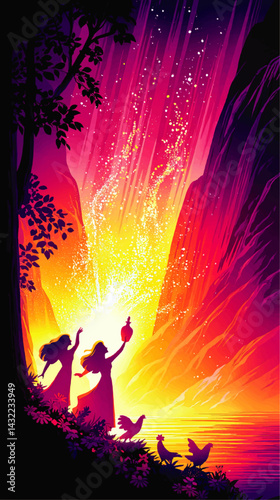 Magical sunrise ritual by two women with chickens and jug near glowing waterfall, vibrant fantasy landscape illustration