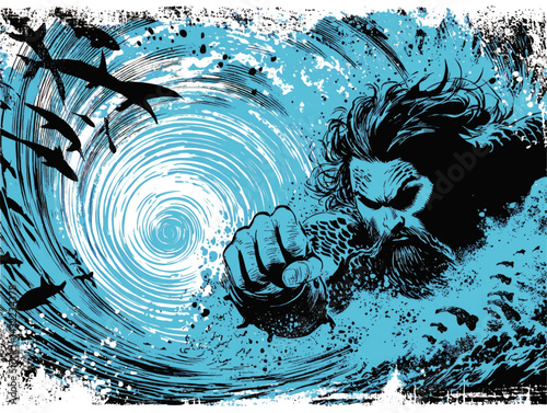 Epic Comic Style Illustration of Poseidon Battling Ocean Whirlpool with Sharks, Dramatic Aquatic Fantasy Art in Blue Tones