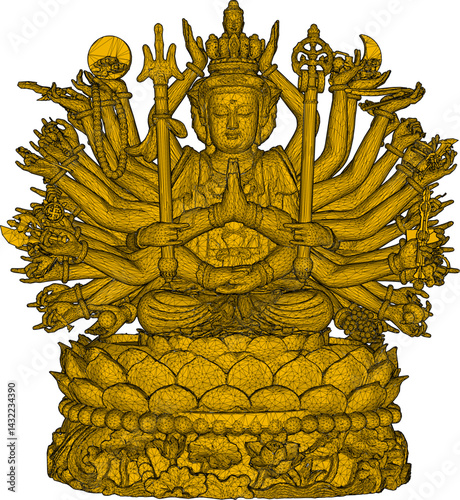 vector sketch illustration design sculpture statue of a thousand-handed buddha god holding a weapon  