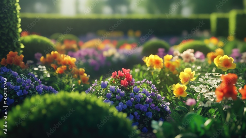 Obraz premium Close-up view of colorful blossoms in a well-tended flower garden surrounded by lush green hedges